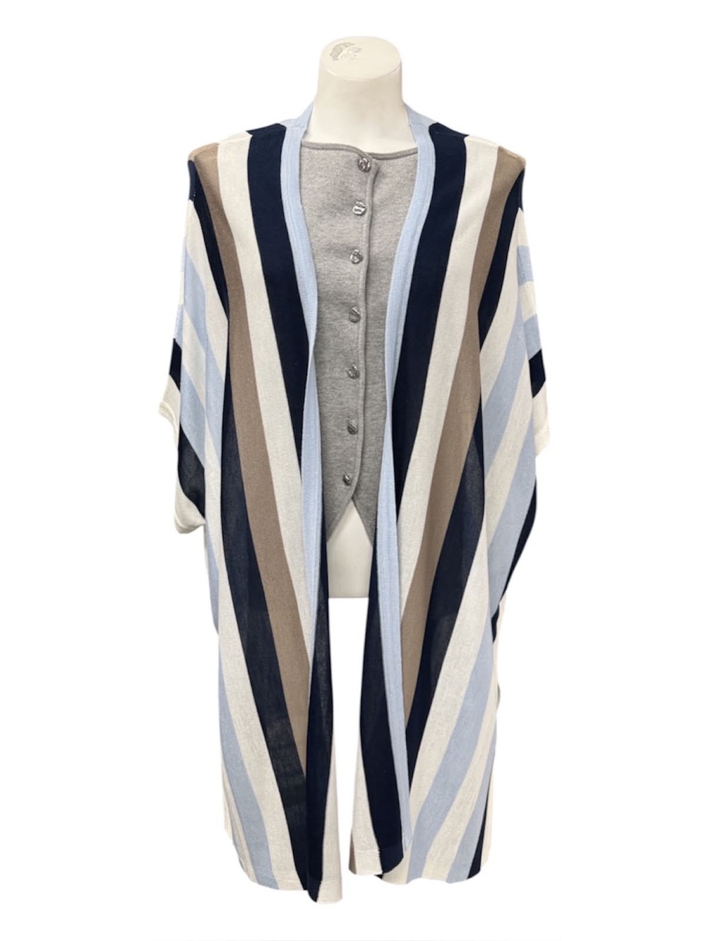 cleo Striped Open-Front Poncho in Blue, Navy & Taupe Size O/S